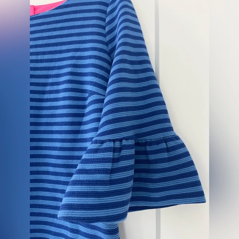 Lilly Pulitzer Alden Blue Grotto Ottoman Striped Bell Sleeve Shift Dress, Medium